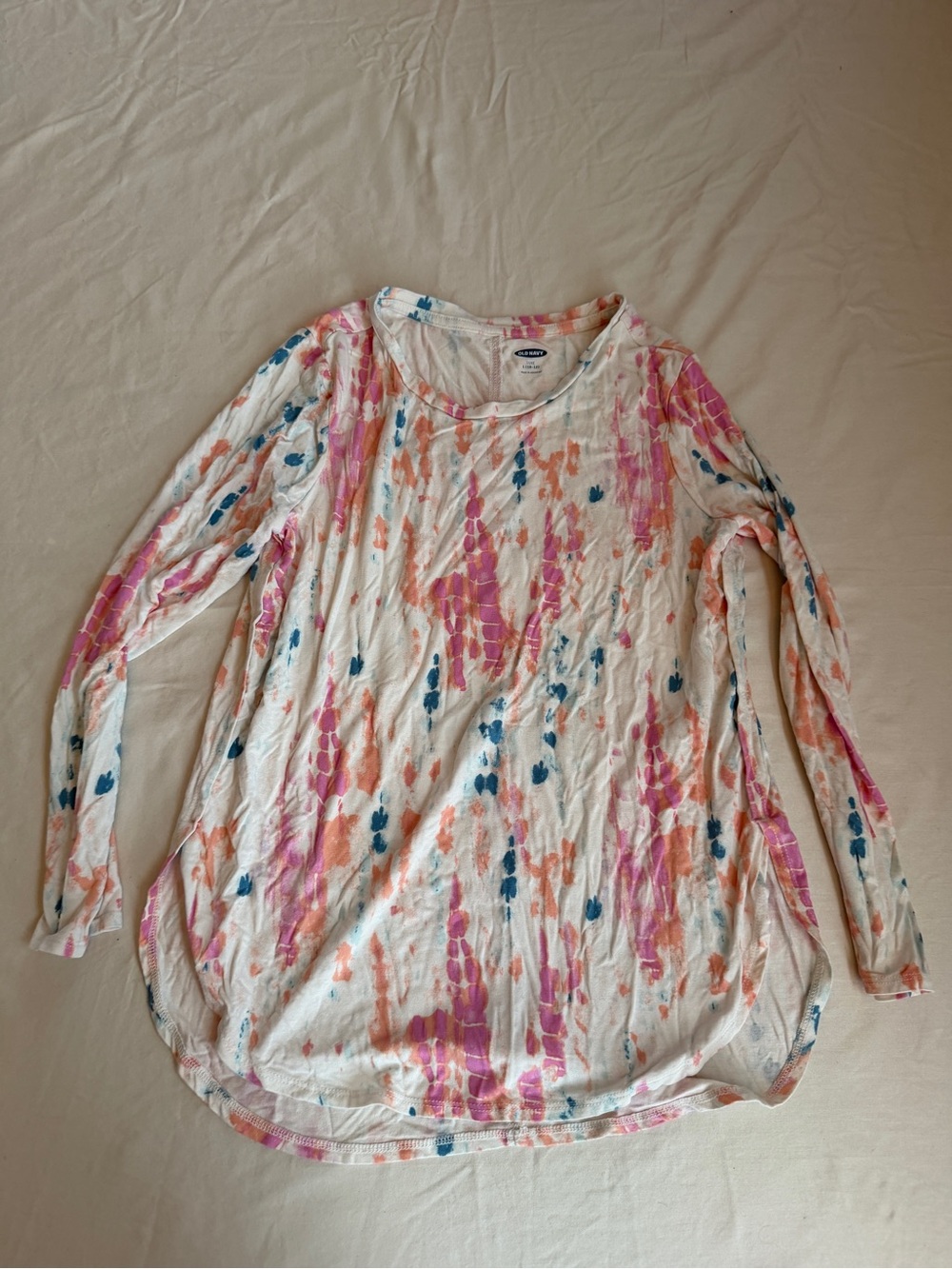 Old Navy White Long Sleeve Tie-Dye Shirt with Pink, Orange & Blue